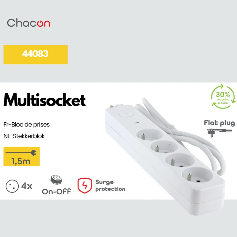 White power strip with switch - 4 x 16 A - 1.5 m and surge protection