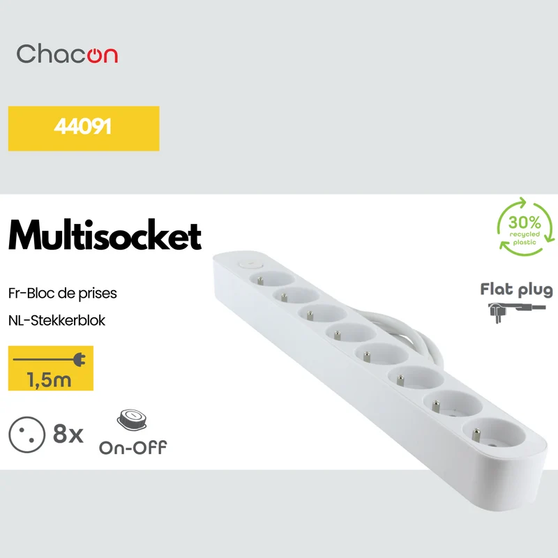Stylish power strip 8 x 16 A with switch - 1.5 m - White