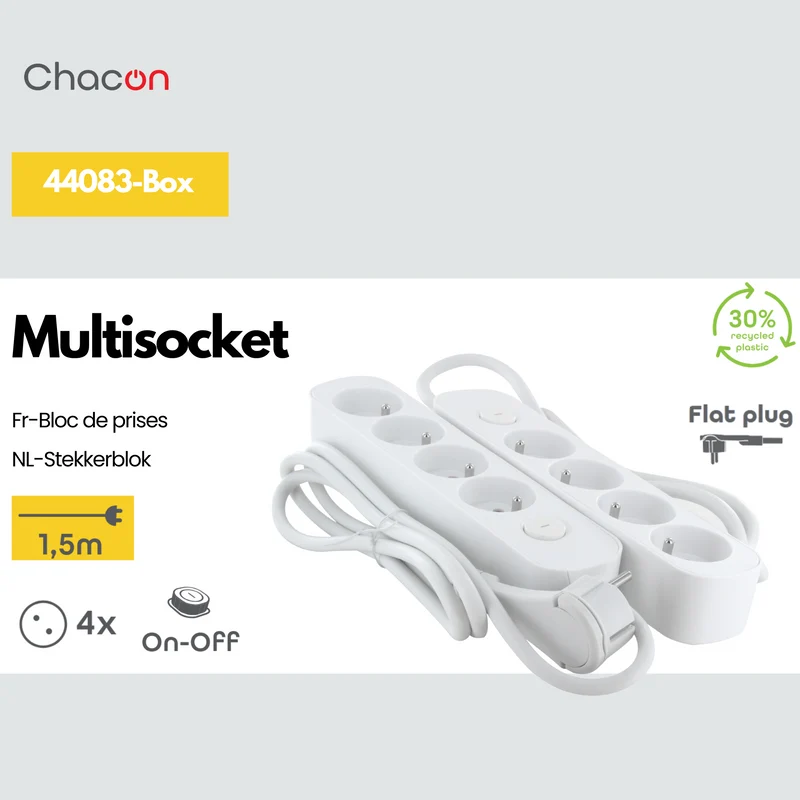 Set of 2 white power strip with switch - 4 x 16 A - 1.5 m