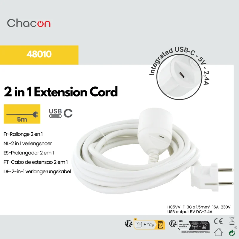Extension cable + USB-C - White - 5m