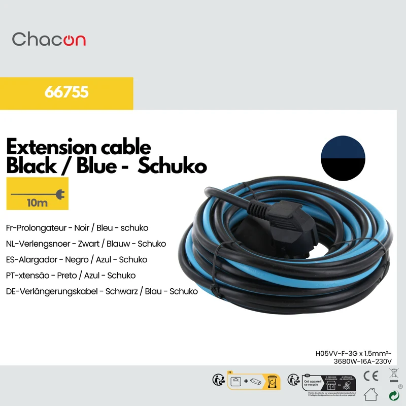 Extension cable - black / blue - 10m schuko