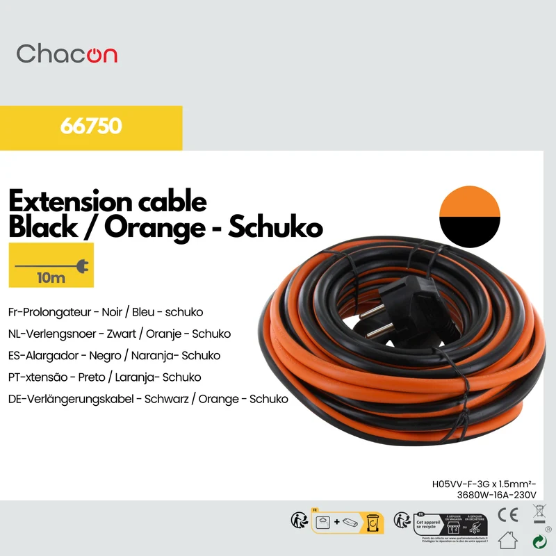 Extension cable - black / orange - 10m schuko