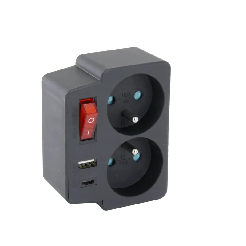 Biplite Domino 2X16A + 1xUSB-A + 1xUSB-C with switch Black