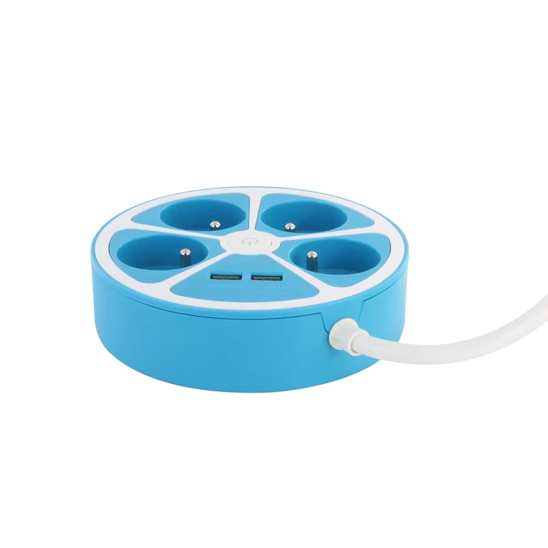 Circular design power strip 4X16 A 1.5m cord with 2 USB-A + switch - Blue