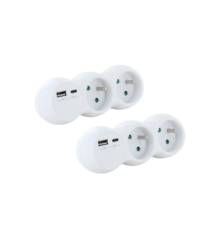 Set of 2 White terminal block - 2x16A with USB-A +USB-C