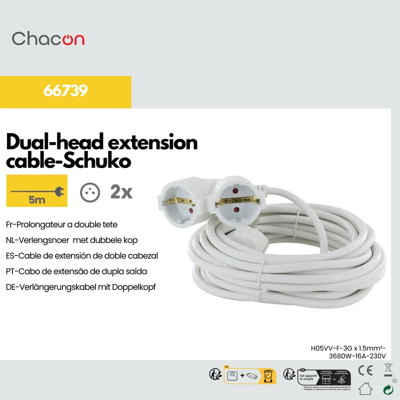 Extension cord HO5VVF 3G1,5 - 5m dual head white - SCH