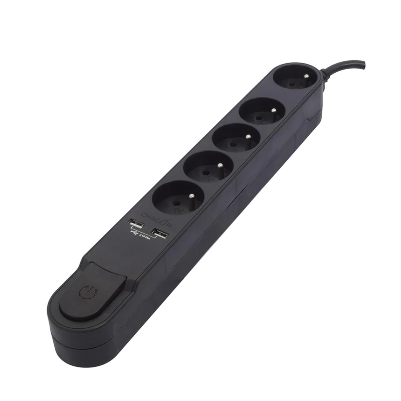 Stylish power strip 5 x 16 A with switch + 2 USB - 1.5 m - Black