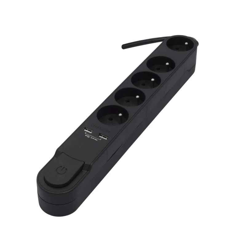Stylish power strip 5 x 16 A with switch + 2 USB - 3 m - Black