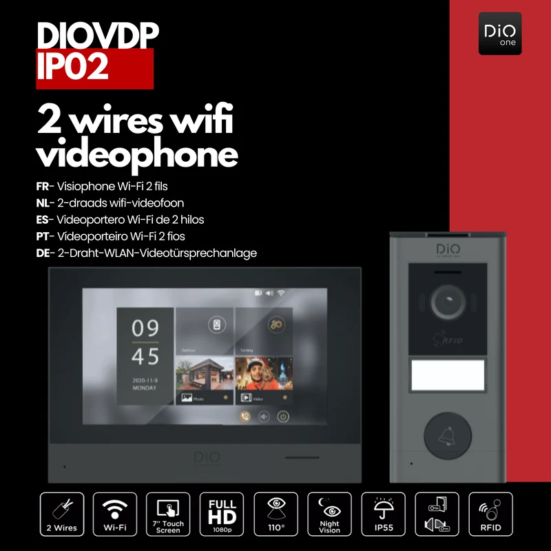 WiFi DiO wired videophone with 7" touchscreen and RFID opening