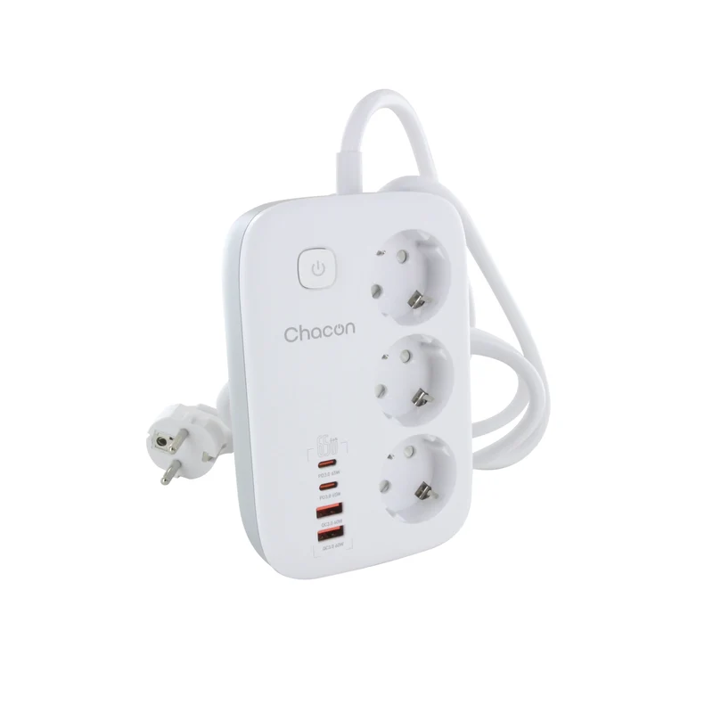 Compact 1.50m power strip with 3 x 16A Schuko, 2USB-C and 2USB-A sockets + switch - Fast charge