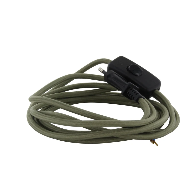 Olive green fabric cable + switch, 2 m