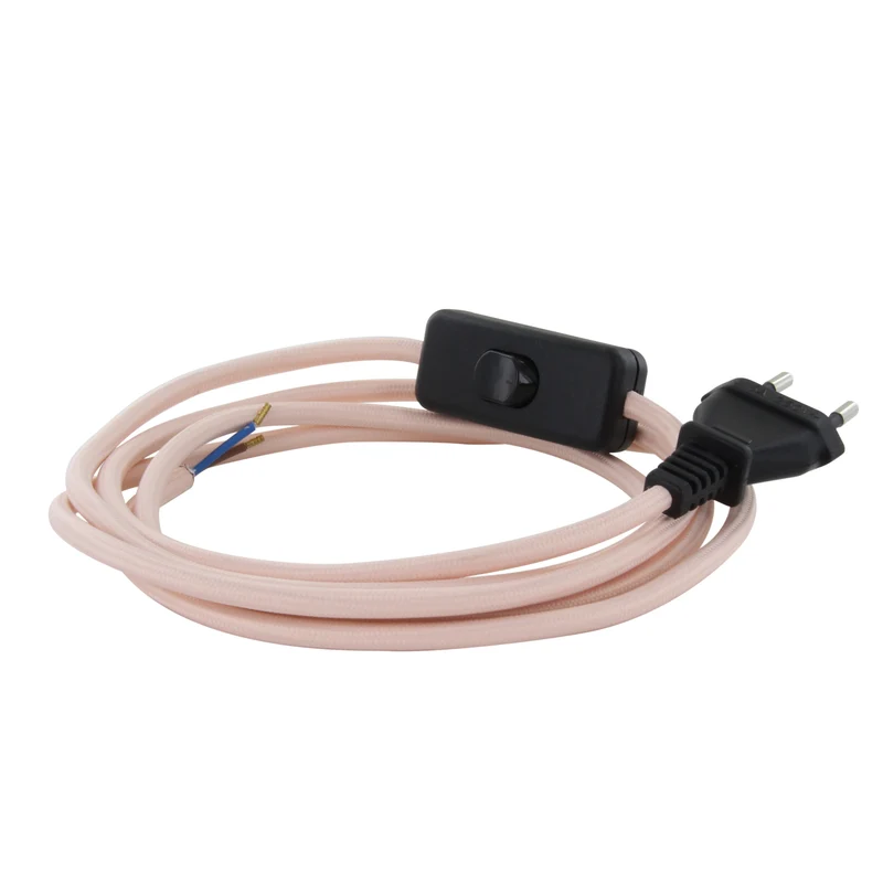 Pale pink fabric cable + switch, 2 m