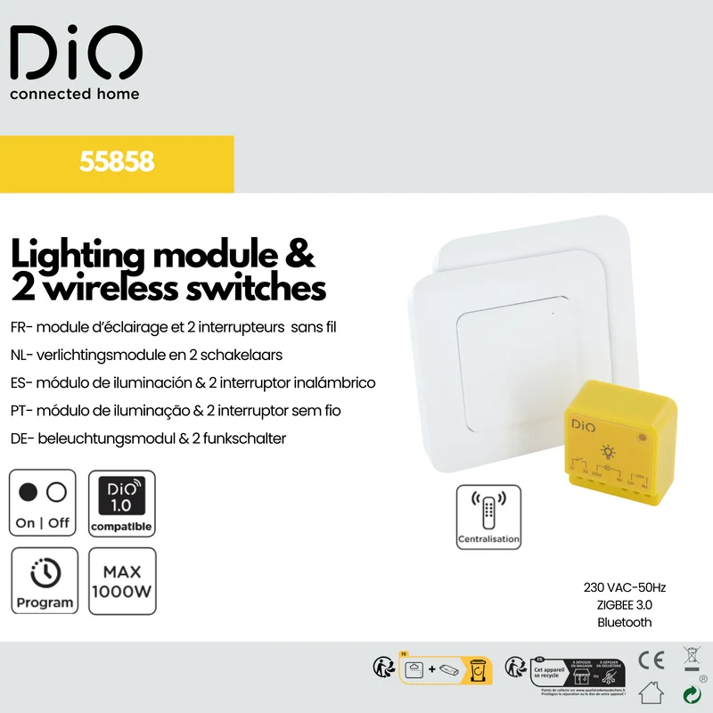 Kit of a lighting module and 2 DiO wireless switches (433Mhz / Zigbee / BLE)