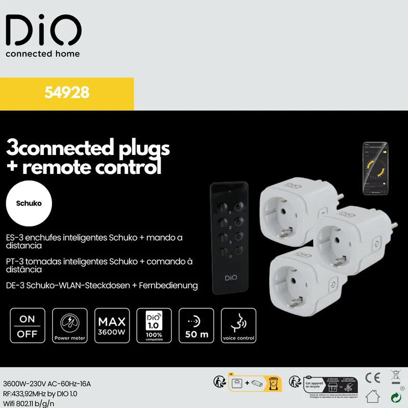 3 Connected plugs (SCH - Type F) with remote control - DiO Connect