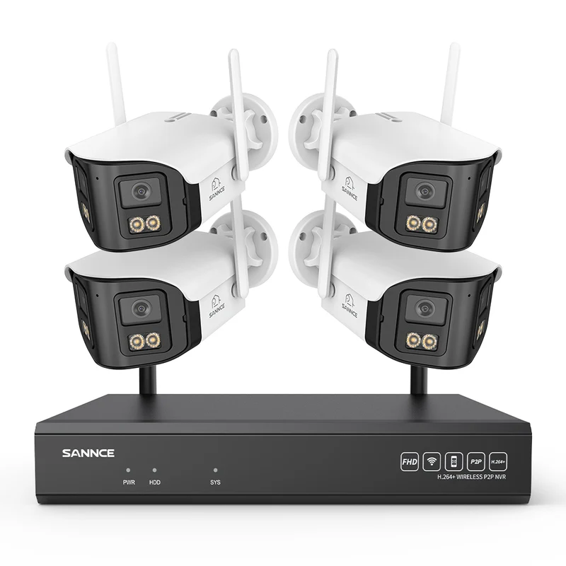 4MP Système de Surveillance WiFi 16 Canaux, NVR 8MP, 4 Caméras Double Objectif, Angle 170°, Vision Nocturne Couleur, Alexa