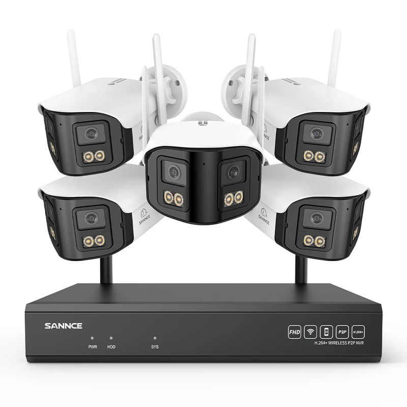 4MP Système de Surveillance WiFi 16 Canaux, NVR 8MP, 5 Caméras Double Objectif, Angle 170°, Vision Nocturne Couleur, Alexa