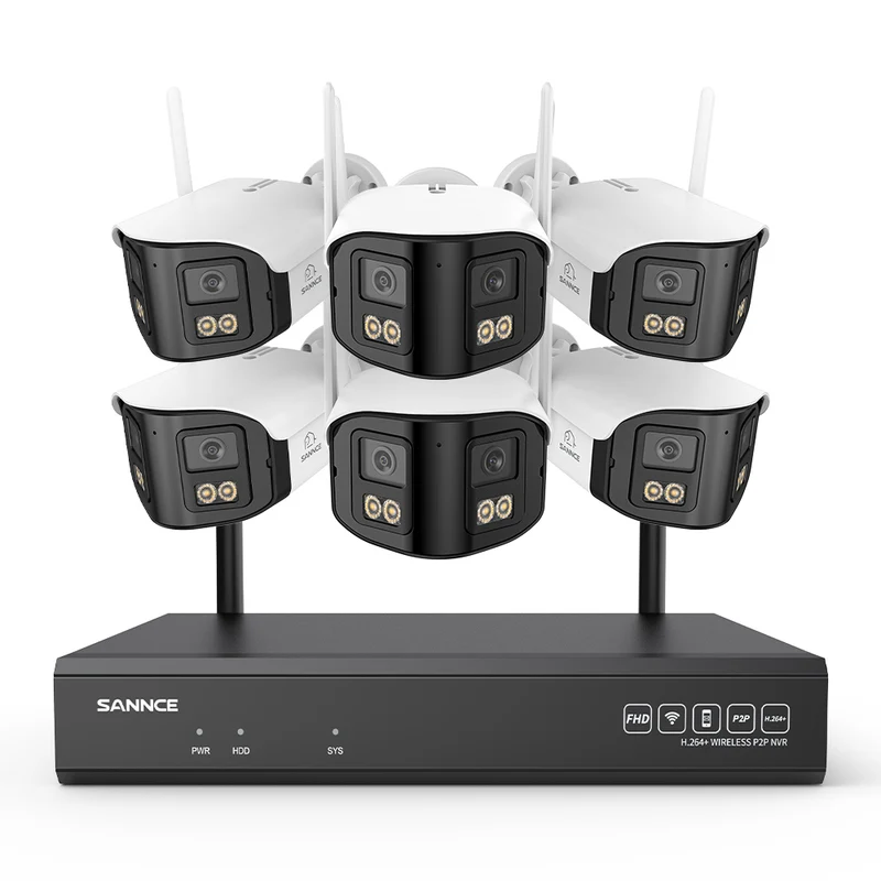 4MP Système de Surveillance WiFi 16 Canaux, NVR 8MP, 6 Caméras Double Objectif, Angle 170°, Vision Nocturne Couleur, Alexa