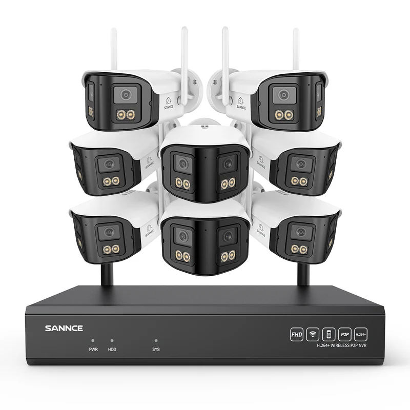 4MP Système de Surveillance WiFi 16 Canaux, NVR 8MP, 8 Caméras Double Objectif, Angle 170°, Vision Nocturne Couleur, Alexa