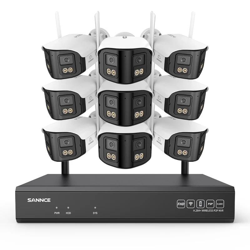 4MP Système de Surveillance WiFi 16 Canaux, NVR 8MP, 9 Caméras Double Objectif, Angle 170°, Vision Nocturne Couleur, Alexa