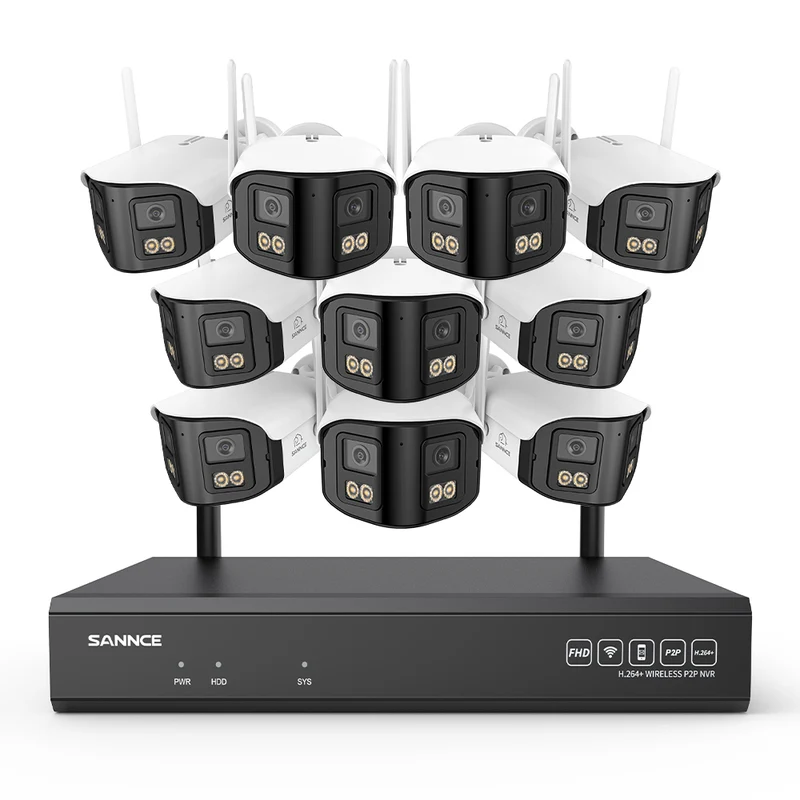 4MP Système de Surveillance WiFi 16 Canaux, NVR 8MP, 10 Caméras Double Objectif, Angle 170°, Vision Nocturne Couleur, Alexa