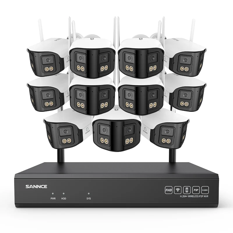 4MP Système de Surveillance WiFi 16 Canaux, NVR 8MP, 11 Caméras Double Objectif, Angle 170°, Vision Nocturne Couleur, Alexa