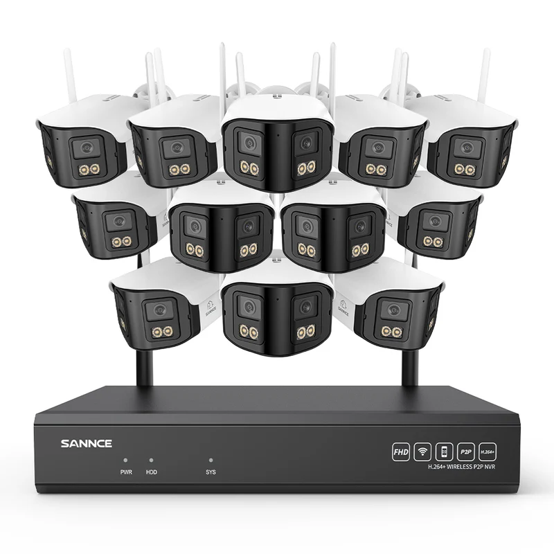 4MP Système de Surveillance WiFi 16 Canaux, NVR 8MP, 12 Caméras Double Objectif, Angle 170°, Vision Nocturne Couleur, Alexa