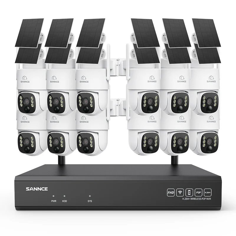 Système de vidéosurveillance WiFi 4MP avec NVR 16 canaux et 12 caméras PTZ solaires, Wi-Fi 6 double bande, détection IA + PIR, batterie 8000 mAh, vision nocturne couleur et audio bidirectionnel
