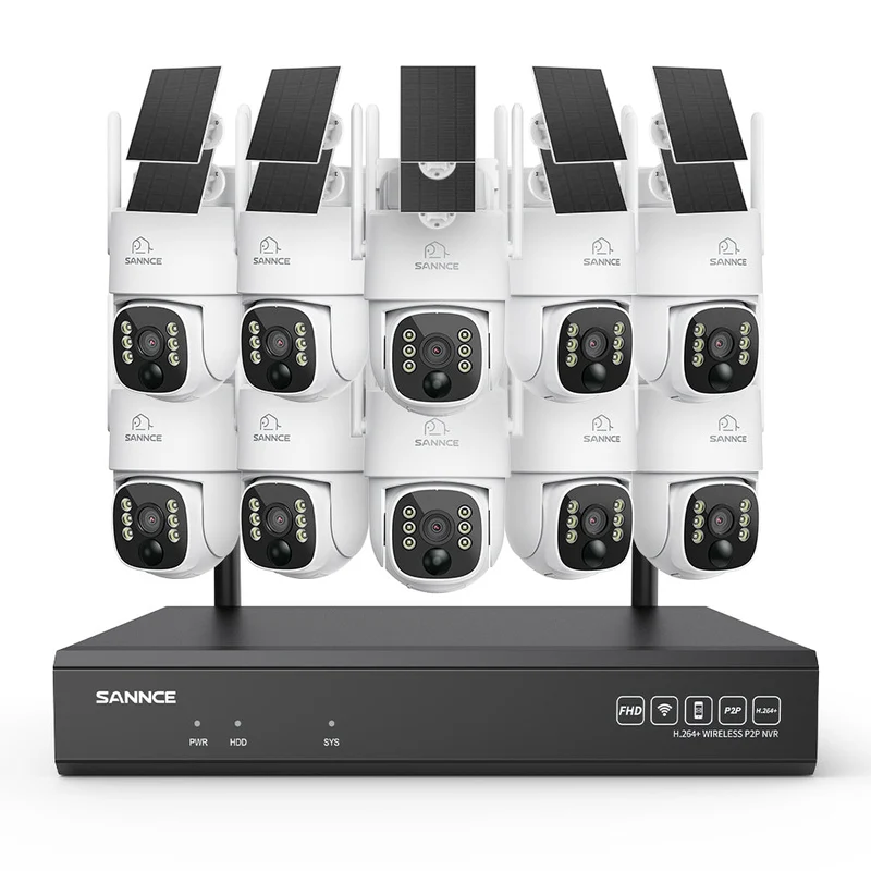 Système de vidéosurveillance WiFi 4MP avec NVR 16 canaux et 10 caméras PTZ solaires, Wi-Fi 6 double bande, détection IA + PIR, batterie 8000 mAh, vision nocturne couleur et audio bidirectionnel