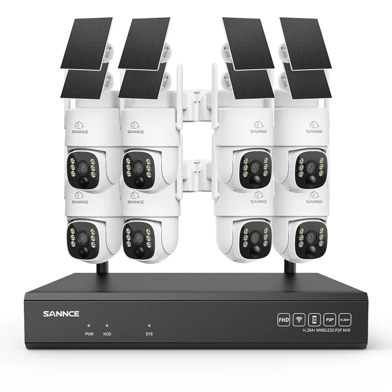 Système de vidéosurveillance WiFi 4MP avec NVR 16 canaux et 8 caméras PTZ solaires, Wi-Fi 6 double bande, détection IA + PIR, batterie 8000 mAh, vision nocturne couleur et audio bidirectionnel
