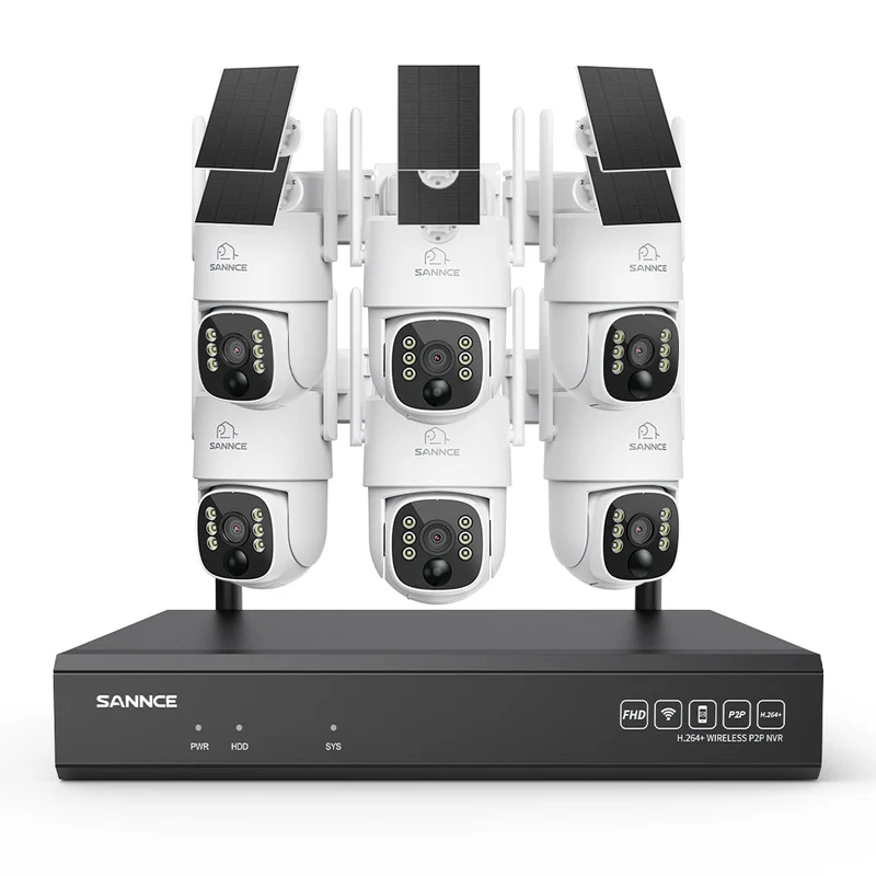 Système de vidéosurveillance WiFi 4MP avec NVR 16 canaux et 6 caméras PTZ solaires, Wi-Fi 6 double bande, détection IA + PIR, batterie 8000 mAh, vision nocturne couleur et audio bidirectionnel