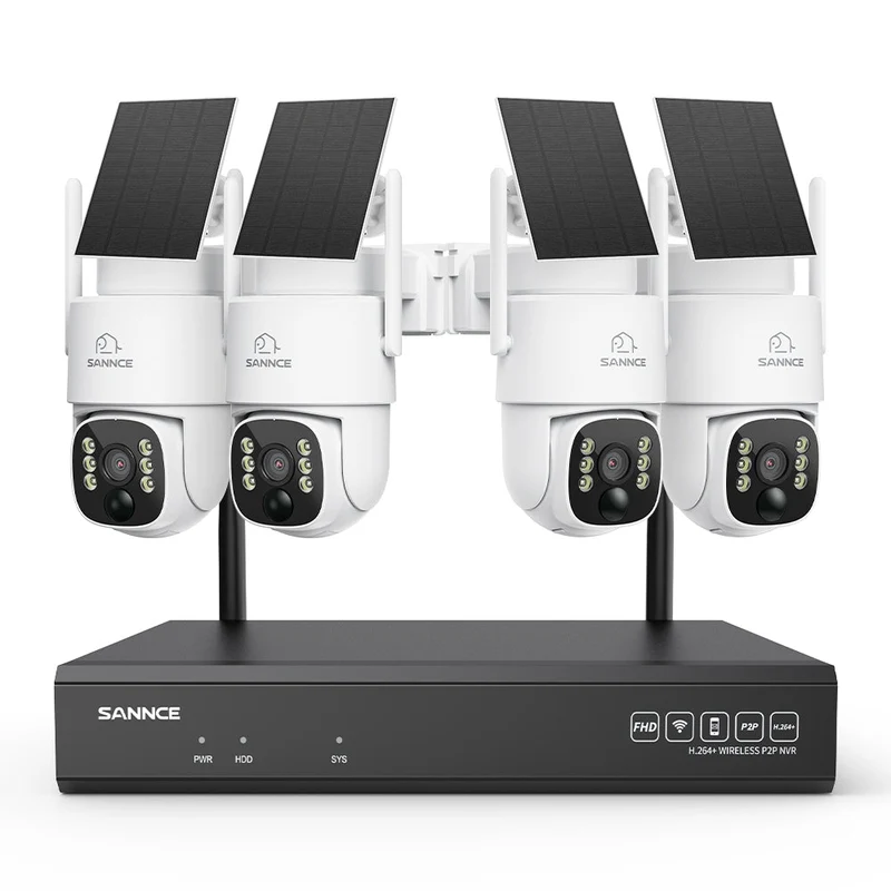 Système de vidéosurveillance WiFi 4MP avec NVR 16 canaux et 4 caméras PTZ solaires, Wi-Fi 6 double bande, détection IA + PIR, batterie 8000 mAh, vision nocturne couleur et audio bidirectionnel