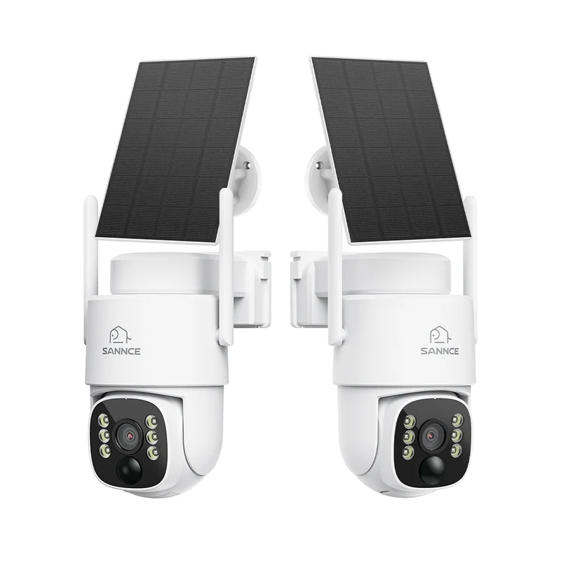 Lot de 2 caméras WiFi PTZ extérieures 4MP solaires avec batterie 8000 mAh, détection IA + PIR, vision nocturne couleur, audio bidirectionnel et Wi-Fi 6