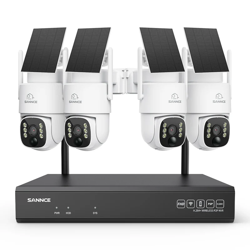 Système de vidéosurveillance WiFi 4MP avec NVR 16 canaux et 4 caméras PTZ solaires, Wi-Fi 6 double bande, détection IA + PIR, batterie 8000 mAh, vision nocturne couleur et audio bidirectionnel
