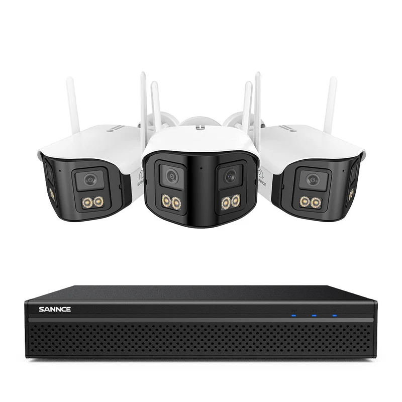 FDQ400 Système de vidéosurveillance PoE 4K à double objectif 10 canaux, NVR 8MP + 3 caméras IP WiFi & PoE 4MP, ultra grand-angle 170°, vision nocturne couleur ultra-performante en basse lumière, audio bidirectionnel, détection des personnes par IA