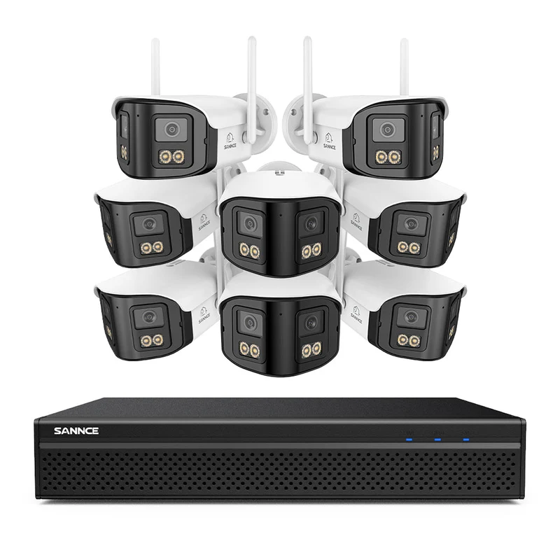 FDQ400 Système de vidéosurveillance PoE 4K 10 canaux, NVR 8MP + 8 caméras IP 4MP Wi-Fi/PoE, double objectif, angle 170°, vision nocturne couleur, audio bidirectionnel, détection humaine IA