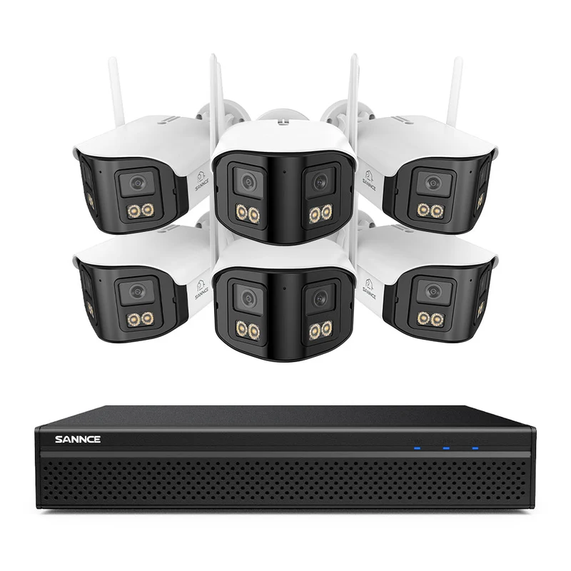 FDQ400 Système de vidéosurveillance PoE 4K 10 canaux, NVR 8MP + 6 caméras IP 4MP Wi-Fi/PoE, double objectif, angle 170°, vision nocturne couleur, audio bidirectionnel, détection humaine IA
