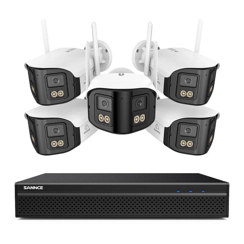 FDQ400 Système de vidéosurveillance PoE 4K 10 canaux, NVR 8MP + 5 caméras IP 4MP Wi-Fi/PoE, double objectif, angle 170°, vision nocturne couleur, audio bidirectionnel, détection humaine IA