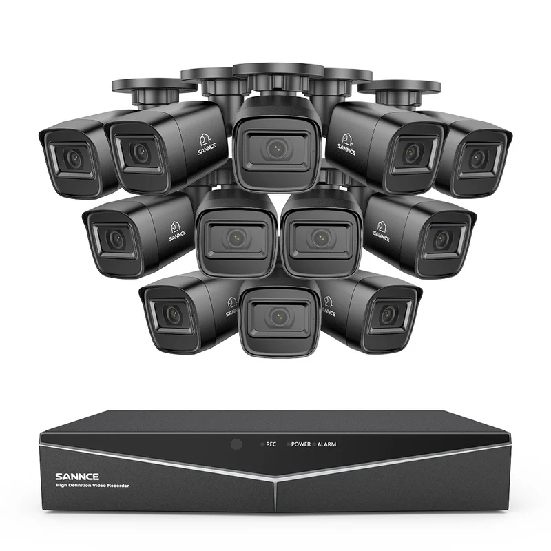 1080p 16 canaux Système de sécurité câblé extérieur avec 12 caméras, détection intelligente de mouvement, vision nocturne infrarouge jusqu'à 100 pieds, résistant aux intempéries IP67