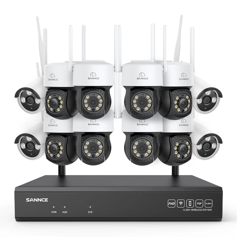 Système de vidéosurveillance sans fil 5MP à 16 canaux avec caméras PT, NVR 8MP, caméras IP WiFi 5MP Pan & Tilt, enregistrement audio, détection humaine par IA, compatible avec Alexa (8 caméras PT, 4 caméras Bullet et NVR 16CH 8MP)