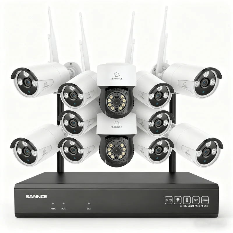 Système de vidéosurveillance sans fil 5MP à 16 canaux avec caméras PT, NVR 8MP, caméras IP WiFi 5MP Pan & Tilt, enregistrement audio, détection humaine par IA, compatible avec Alexa (2 caméras PT, 10 caméras Bullet et NVR 16CH 8MP)