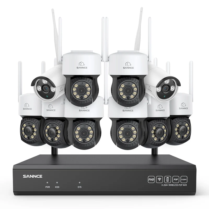 Système de vidéosurveillance sans fil 5MP à 16 canaux avec caméras PT, NVR 8MP, caméras IP WiFi 5MP Pan & Tilt, enregistrement audio, détection humaine par IA, compatible avec Alexa (8 caméras PT, 2 caméras Bullet et NVR 16CH 8MP)