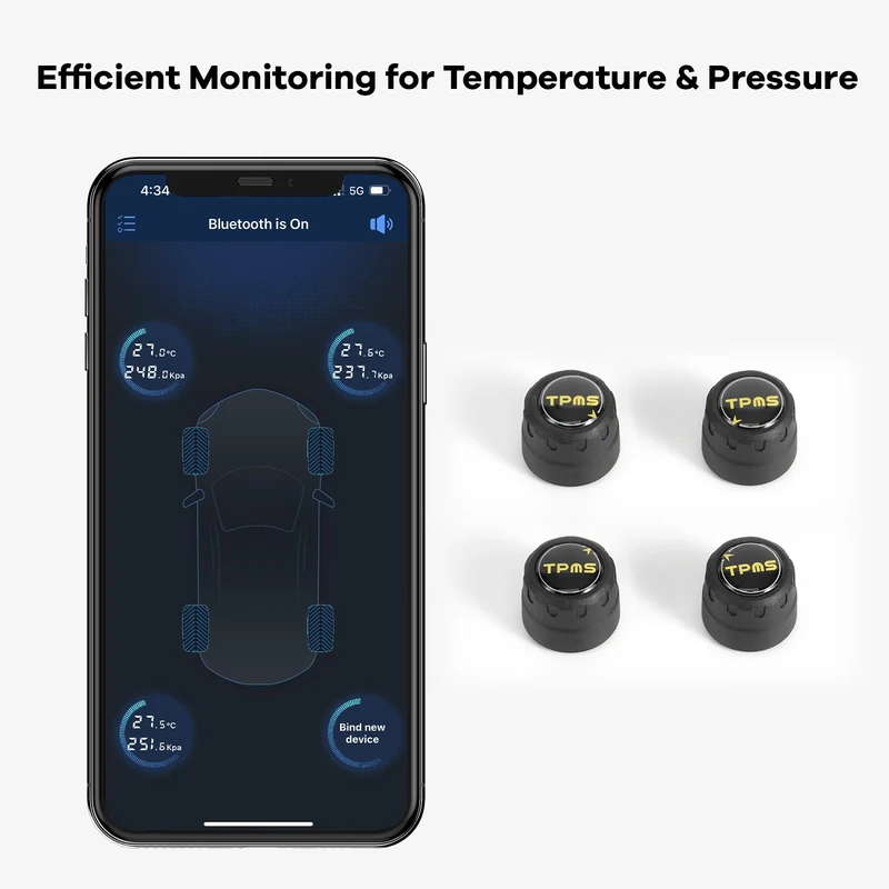 Système de surveillance de la pression des pneus (TPMS), Bluetooth 5.0, 5 modes d’alarme, 4 capteurs TPMS externes, compatible iOS et Android, détection en temps réel de la pression et de la température, facile à installer.