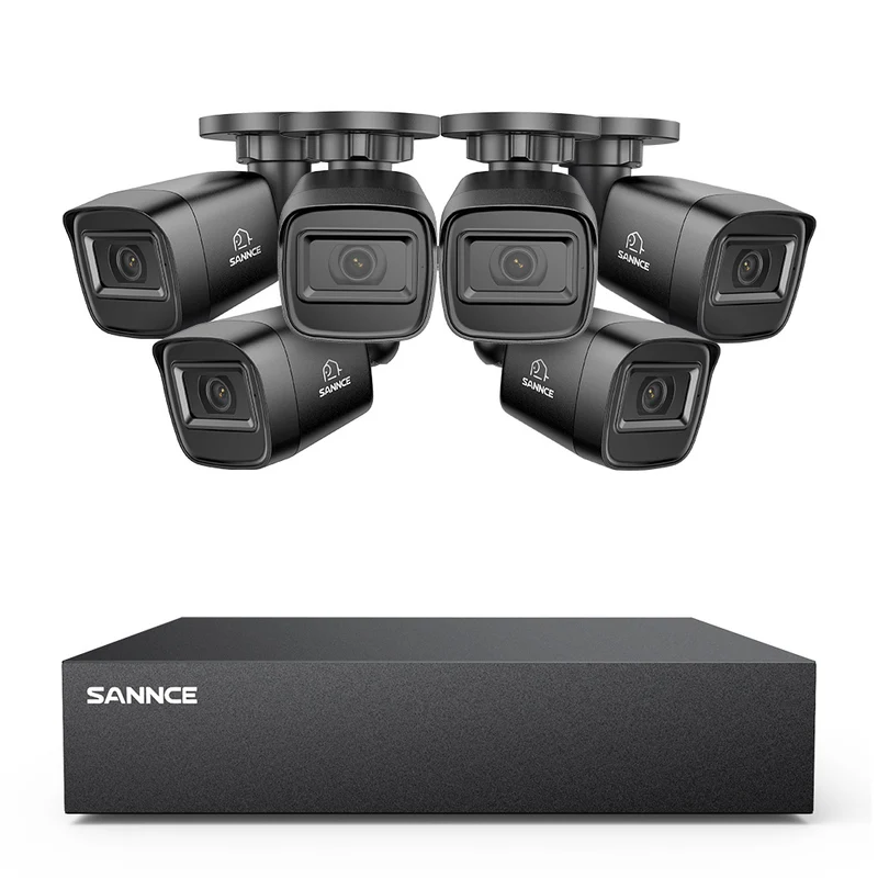 8 Canaux 5MP Système de Caméra de Sécurité Filaire - DVR Hybride, 6 Caméras Bullet 2MP, Intérieur & Extérieur, Détection Intelligente de Mouvement, Accès à Distance