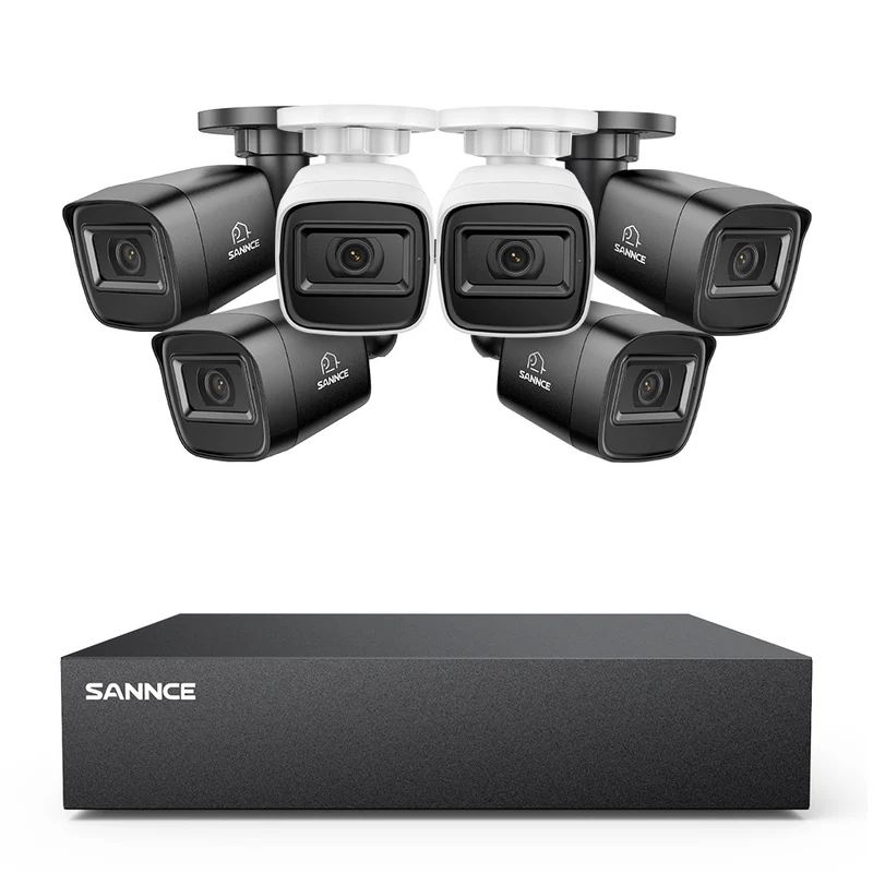 8 Canaux 5MP Système de Caméra de Sécurité Filaire - DVR Hybride, 6 Caméras Bullet 2MP, Intérieur & Extérieur, Détection Intelligente de Mouvement, Accès à Distance