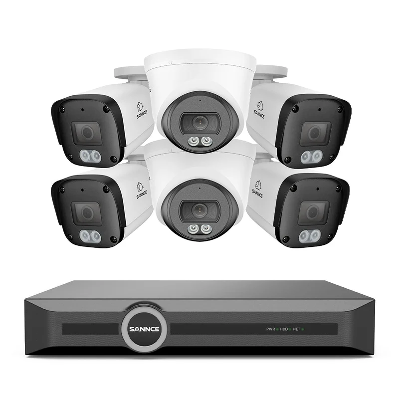 Système de vidéosurveillance PoE 4K avec audio, compression S+265, détection par IA, vision nocturne couleur à double éclairage, étanchéité IP67 (NVR 8 canaux + 6 caméras)