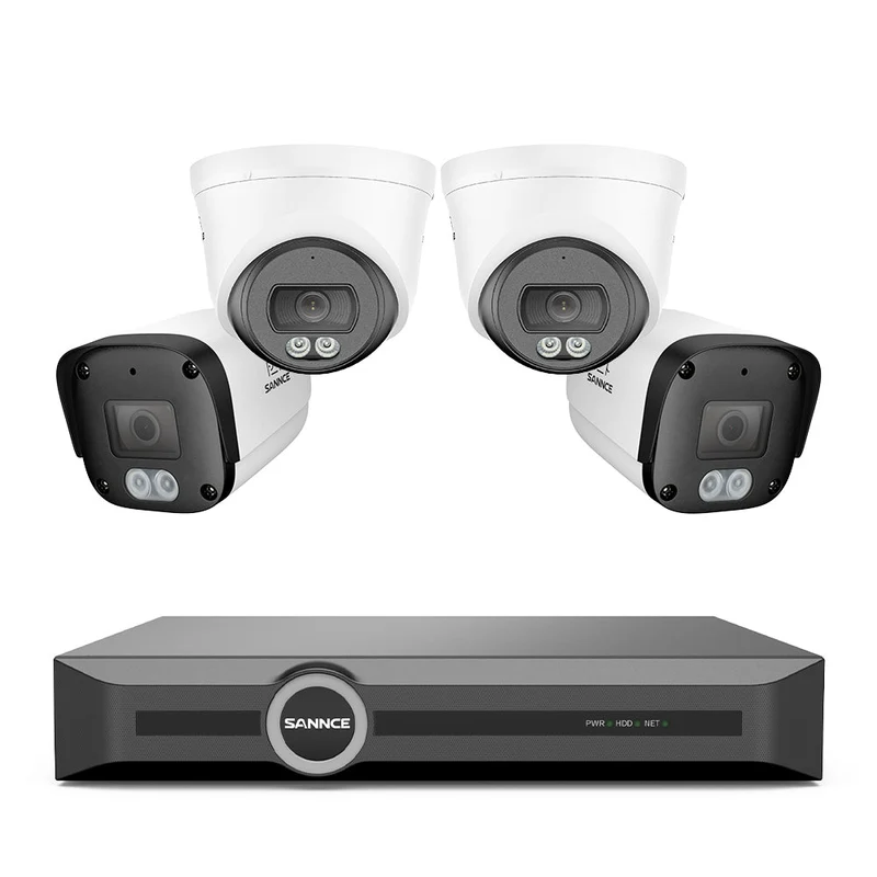 Système de vidéosurveillance PoE 4K avec audio, détection par IA, vision nocturne couleur à double éclairage, étanchéité IP67 (NVR 8 canaux + 4 caméras)