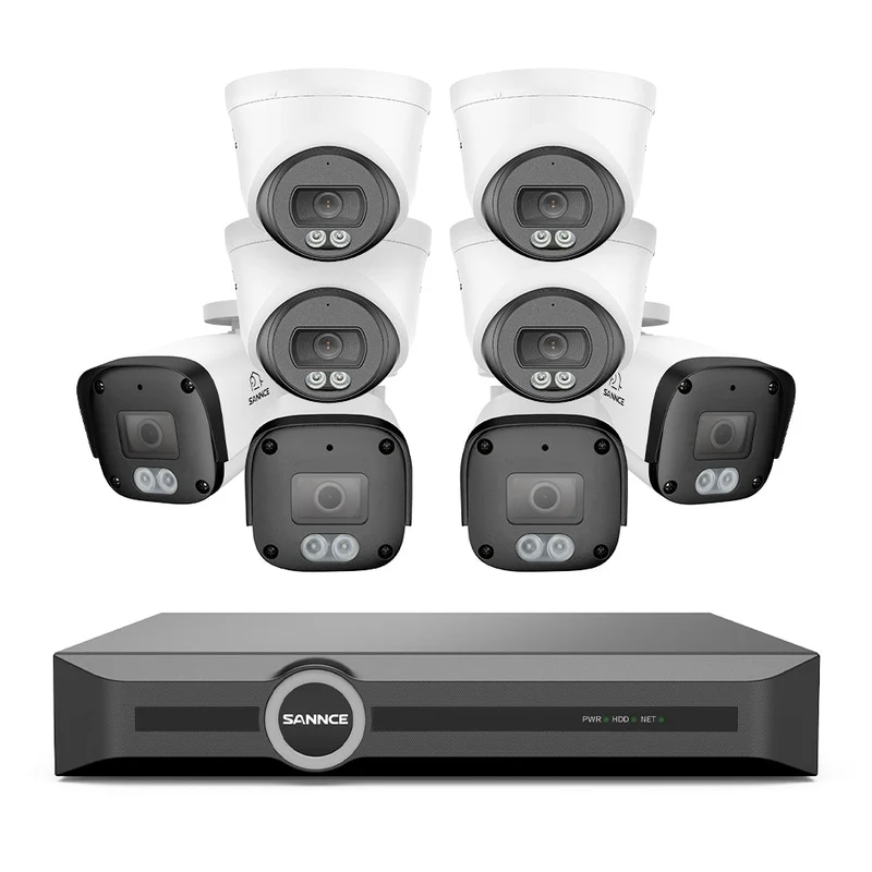 Système de vidéosurveillance PoE 4K avec audio, compression S+265, détection par IA, vision nocturne couleur à double éclairage, étanchéité IP67 (NVR 8 canaux + 8 caméras)
