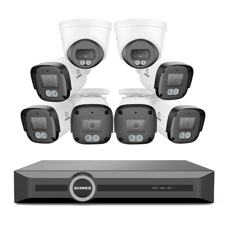 Système de caméras de surveillance PoE 4K avec audio, compression S+265, détection intelligente par IA, vision nocturne couleur à double éclairage, certification IP67 étanche (NVR 8 canaux + 8 caméras)