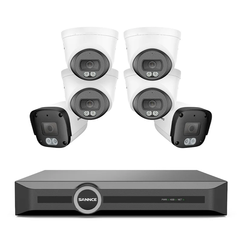 Système de vidéosurveillance PoE 4K avec audio, compression S+265, détection par IA, vision nocturne couleur à double éclairage, étanchéité IP67 (NVR 8 canaux + 6 caméras)