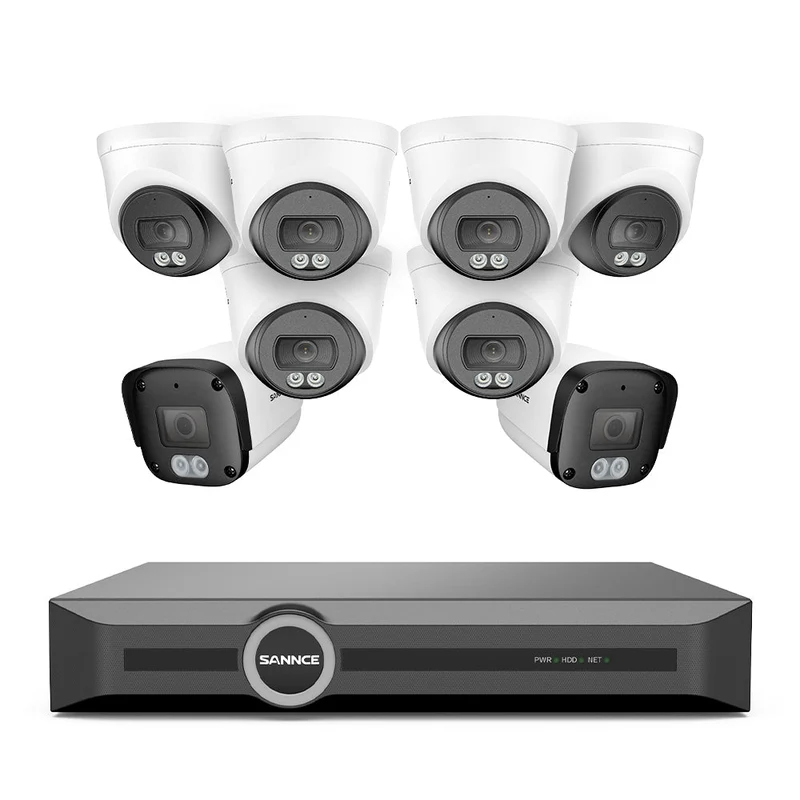 Système de caméras de surveillance PoE 4K avec audio, compression S+265, détection intelligente par IA, vision nocturne couleur à double éclairage, IP67 étanche (NVR 8 canaux + 8 caméras)